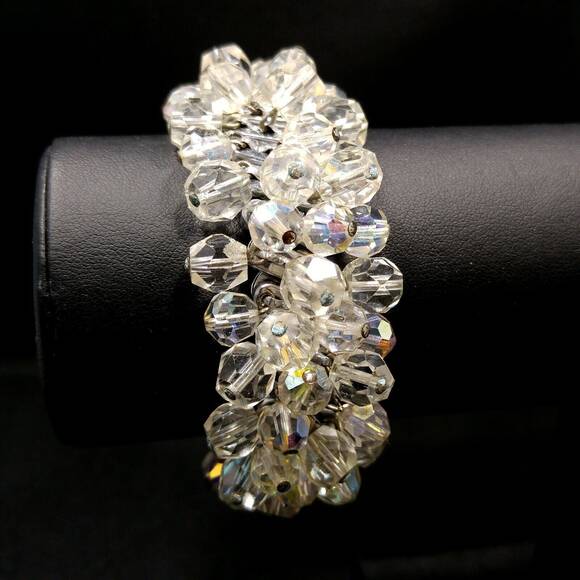 Vintage Japan Expandable Bracelet, Clear Crystal Beads, Cha Cha, 1960s - Picture 2 of 7